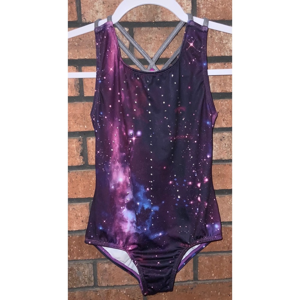More Than Magic Girls Galaxy Rhinestone Leotard Purple Space Print M 7/8